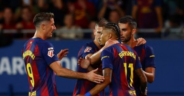 Barcelona players celebrate during the LaLiga match against Getafe at the Johan Cruyff Stadium, Barcelona, Spain, Sept. 21, 2025. (Reuters Photo)