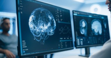 Advanced neuroimaging displays multiple brain scans on computer screens, revealing complex neural pathways. (Shutterstock Photo) 