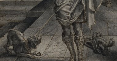 Detail of the 17th-century drawing by Dutch artist Adriaen van de Venne, which inspired Rembrandt when painting a dog in the &quot;Night Watch,&quot; is shown on an easel at the Rijksmuseum, Amsterdam, Netherlands, Sept. 23, 2025. (AP Photo)