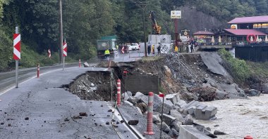A collapsed road is seen after heavy rainfall in the Black Sea province of Rize, Türkiye, Sept. 21, 2025. (AA Photo)