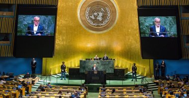 President of Iran Masoud Pezeshkian speaks during the General Debate of the 80th session of the United Nations General Assembly (UNGA) at the United Nations headquarters in New York, Sept. 24, 2025. (EPA Photo)