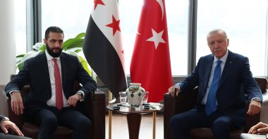 President Recep Tayyip Erdoğan holds a meeting with Syrian interim President Ahmed al-Sharaa at the Turkish House, New York, U.S., Sept. 24, 2025. (AA Photo)
