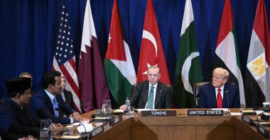 (L to R) Indonesia&#039;s President Prabowo Subianto, Qatar&#039;s Emir Sheikh Tamim bin Hamad Al Thani, President Recep Tayyip Erdoğan and U.S. President Donald Trump attend a multilateral meeting to discuss the situation in Gaza, on the sidelines of the UNGA, New York, U.S., Sept. 23, 2025. (AFP Photo)