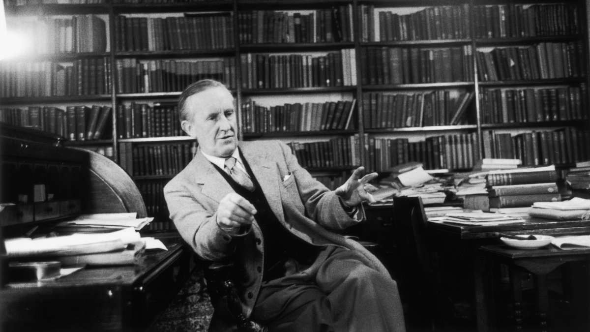 J.R.R. Tolkien, the British writer and scholar famed for "The Hobbit" and the epic fantasy "The Lord of the Rings," is interviewed in his Oxford office, U.K., Dec. 2, 1955. (Getty Images Photo)