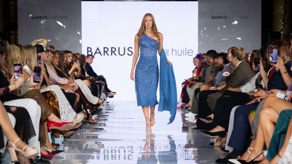 A model walks on the runway at the Barrus X Art De Huille show during LFW at the Royal Horseguards Hotel, London, U.K., Sept. 19, 2025. (Courtesy of Barrus)