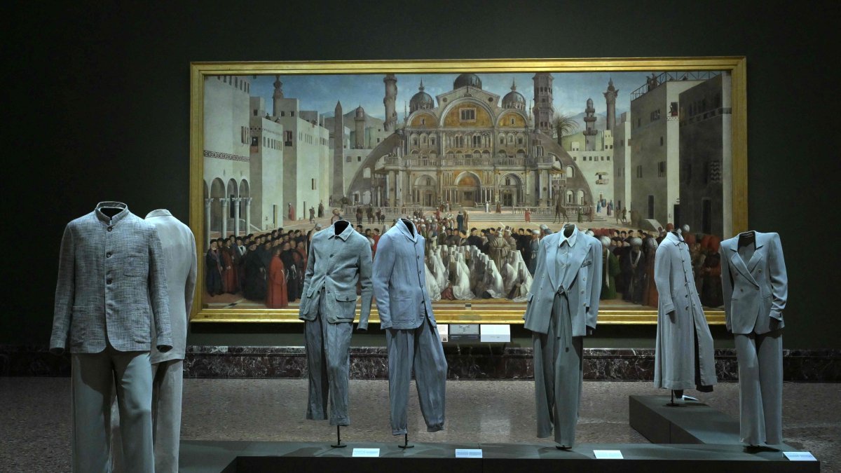 A picture shows creations by Italian designer Giorgio Armani during the press preview of the Giorgio Armani exhibition marking the 50th anniversary of the fashion house, at the Pinacoteca di Brera Museum in Milan, Italy, Sept. 23, 2025. (AFP Photo)