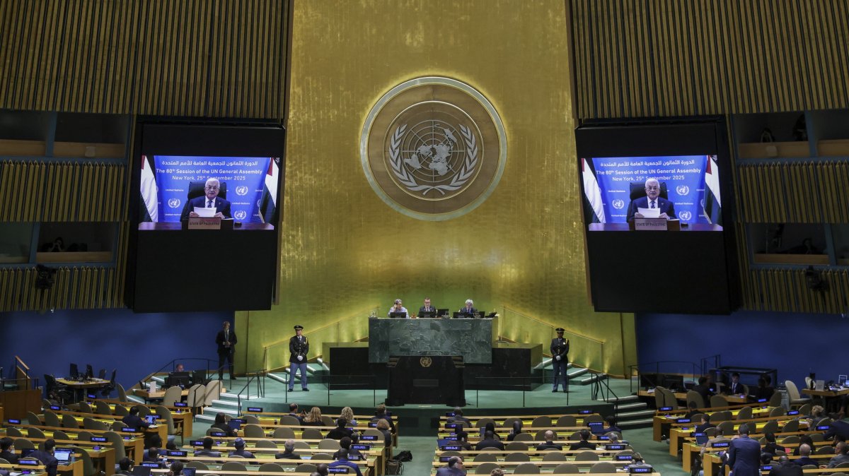 President of the State of Palestine Mahmoud Abbas speaks via video conference during the General Debate of the 80th session of the U.N. General Assembly at United Nations headquarters in New York, Sept. 25, 2025. (EPA Photo)