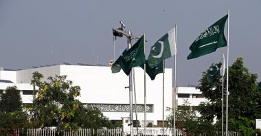 Pakistani and Saudi Arabian flags are erected outside the Parliament and Presidential House, Islamabad, Pakistan, Sept. 21, 2024. (EPA Photo)