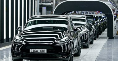 Tesla Model Y cars on display during the opening ceremony for the electric vehicle maker&#039;s new gigafactory, Gruenheide, Germany, March 22, 2022. (Reuters Photo)