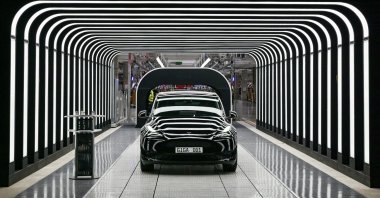 Model Y cars are pictured during the opening ceremony of the new Tesla Gigafactory for electric cars in Gruenheide, Germany, March 22, 2022. (Reuters Photo)