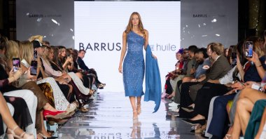 A model walks on the runway at the Barrus X Art De Huille show during LFW at the Royal Horseguards Hotel, London, U.K., Sept. 19, 2025. (Courtesy of Barrus)