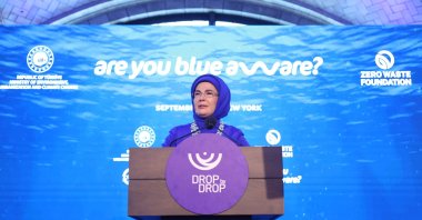 First lady Emine Erdoğan delivers a speech at the “Zero Waste Blue – Drop by Drop” exhibition, New York, U.S., Sept. 24, 2025. (AA Photo)