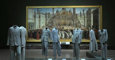 A picture shows creations by Italian designer Giorgio Armani during the press preview of the Giorgio Armani exhibition marking the 50th anniversary of the fashion house, at the Pinacoteca di Brera Museum in Milan, Italy, Sept. 23, 2025. (AFP Photo)