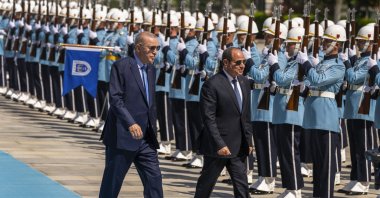 President Recep Tayyip Erdoğan and Egyptian President Abdel-Fattah el-Sissi review an honor guard during a welcome ceremony before their meeting, Ankara, Türkiye, Sept. 4, 2024. (AP Photo)