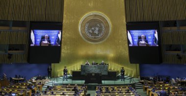 President of the State of Palestine Mahmoud Abbas speaks via video conference during the General Debate of the 80th session of the U.N. General Assembly at United Nations headquarters in New York, Sept. 25, 2025. (EPA Photo)