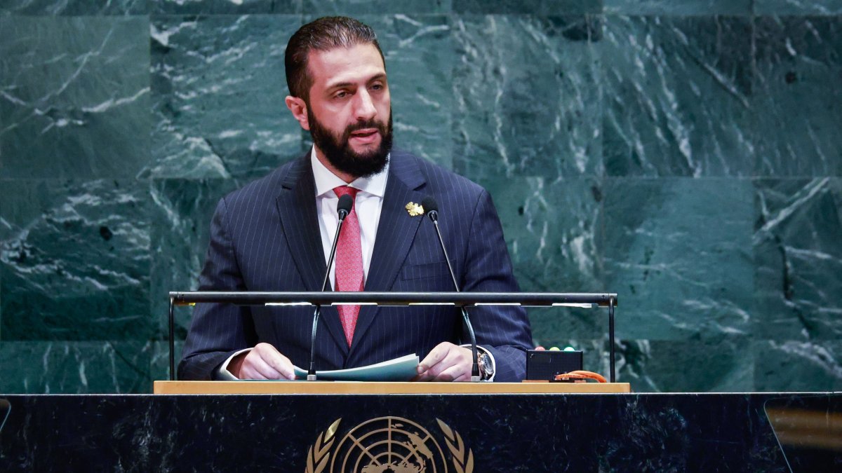 Syrian interim President Ahmed al-Sharaa speaks during the 80th session of the United Nations General Assembly (UNGA), New York, U.S., Sept. 24, 2025. (EPA Photo)
