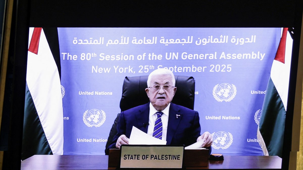 Palestinian President Mahmoud Abbas appears on a screen as he addresses the 80th United Nations General Assembly (UNGA), at the U.N. headquarters, New York, U.S., Sept. 25, 2025. (Reuters Photo)