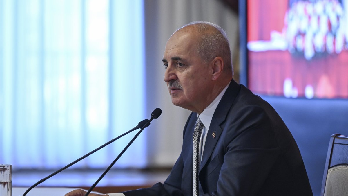 Parliament Speaker Numan Kurtulmuş speaks to the press at Parliament, Ankara, Türkiye, Sept. 26, 2025. (AA Photo)