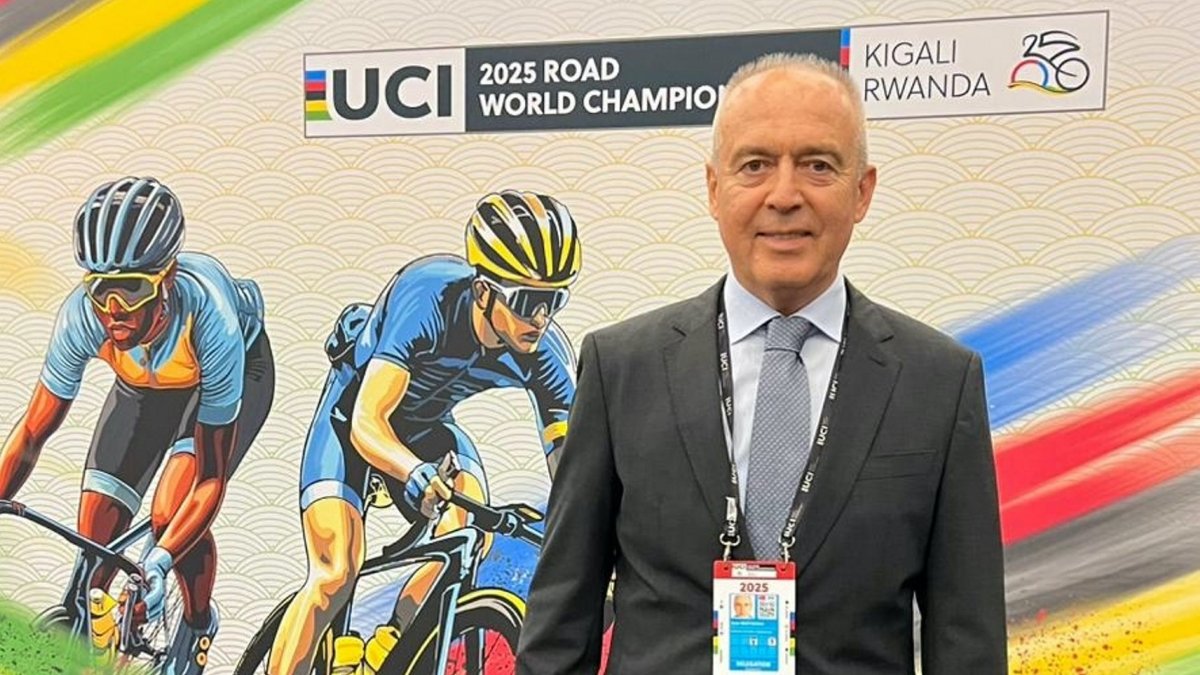 Turkish Cycling Federation President Emin Müftüoğlu poses for a photo after being elected to the UCI Executive Board, Kigali, Rwanda, Sept. 25, 2025. (AA Photo)