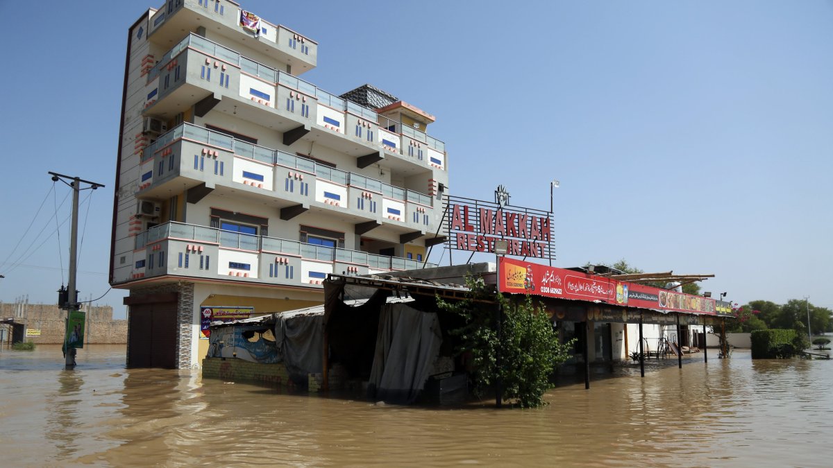 A commercial and residential complex partially submerged in flood waters from the Sutlej river, in Multan district, Punjab province, Pakistan, Sept. 15, 2025. (EPA Photo)