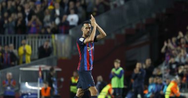 Barcelona&#039;s Sergio Busquets is applauded by the fans as he is substituted during a La Liga match against Real Sociedad at the Camp Nou stadium in Barcelona, Spain, on May 20, 2023. (AP Photo)