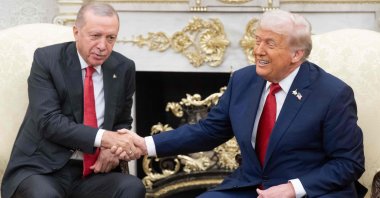 U.S. President Donald Trump shakes hands with President Recep Tayyip Erdoğan as they meet in the Oval Office of the White House in Washington, U.S., Sept. 25, 2025. (AFP Photo)