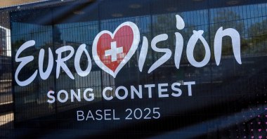 A logo of the Eurovision Song Contest is seen in front of the St. Jakobshalle, Basel, Switzerland, May 1, 2025. (Reuters Photo)