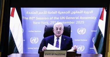 Palestinian President Mahmoud Abbas appears on a screen as he addresses the 80th United Nations General Assembly (UNGA), at the U.N. headquarters, New York, U.S., Sept. 25, 2025. (Reuters Photo)