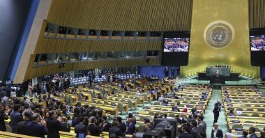 Delegates walk out of the General Assembly Hall as Prime Minister of Israel Benjamin Netanyahu takes the podium to speak during the General Debate of the 80th session of the United Nations General Assembly at United Nations headquarters in New York, Sept. 26, 2025. (EPA Photo)