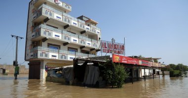 A commercial and residential complex partially submerged in flood waters from the Sutlej river, in Multan district, Punjab province, Pakistan, Sept. 15, 2025. (EPA Photo)