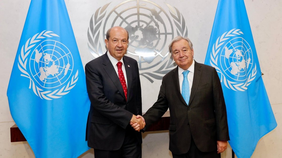 Turkish Republic of Northern Cyprus (TRNC) President Ersin Tatar (L) shakes hands with U.N. Secretary-General Antonio Guterres as they meet at the U.N. headquarters in New York, U.S., Sept. 27, 2025. (IHA Photo)