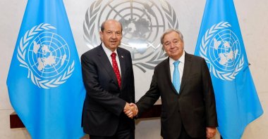 Turkish Republic of Northern Cyprus (TRNC) President Ersin Tatar (L) shakes hands with U.N. Secretary-General Antonio Guterres as they meet at the U.N. headquarters in New York, U.S., Sept. 27, 2025. (IHA Photo)