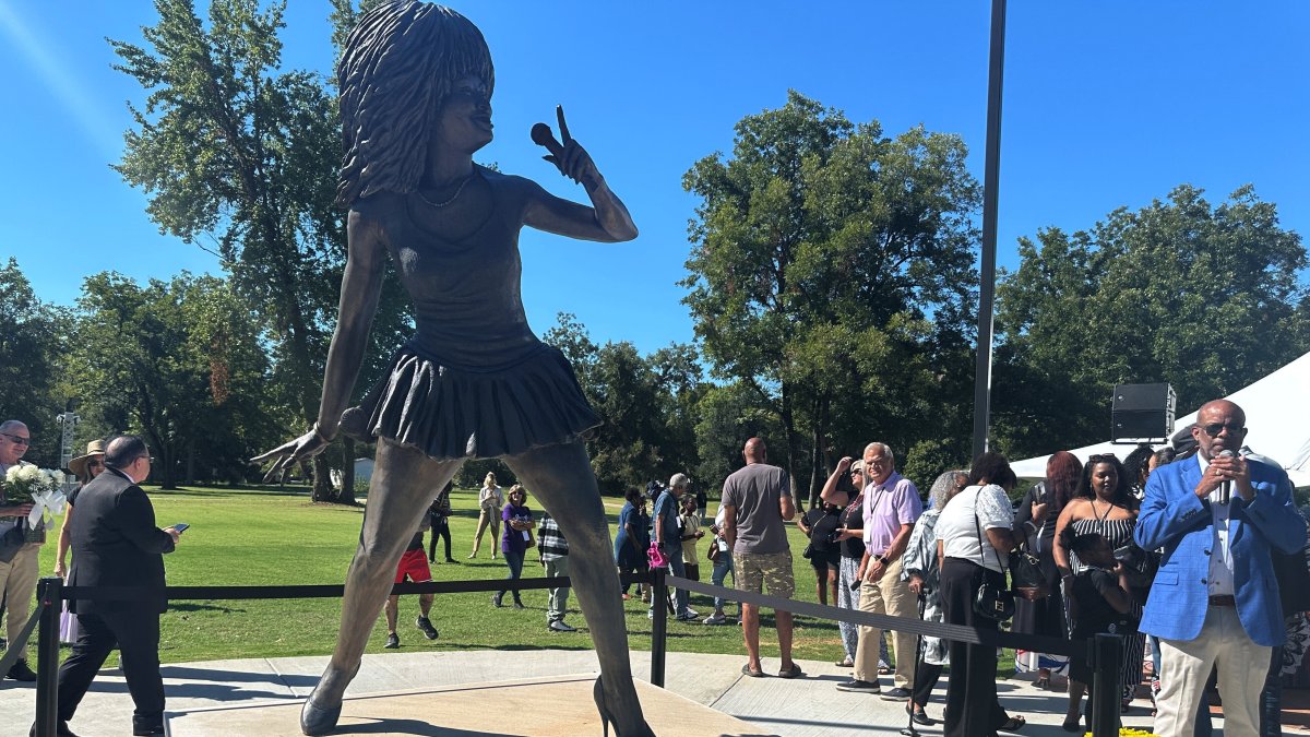 A newly-unveiled statue of singer Tina Turner stands at a park in Brownsville, Tenn., U.S., Sept. 27, 2025. (AP Photo)