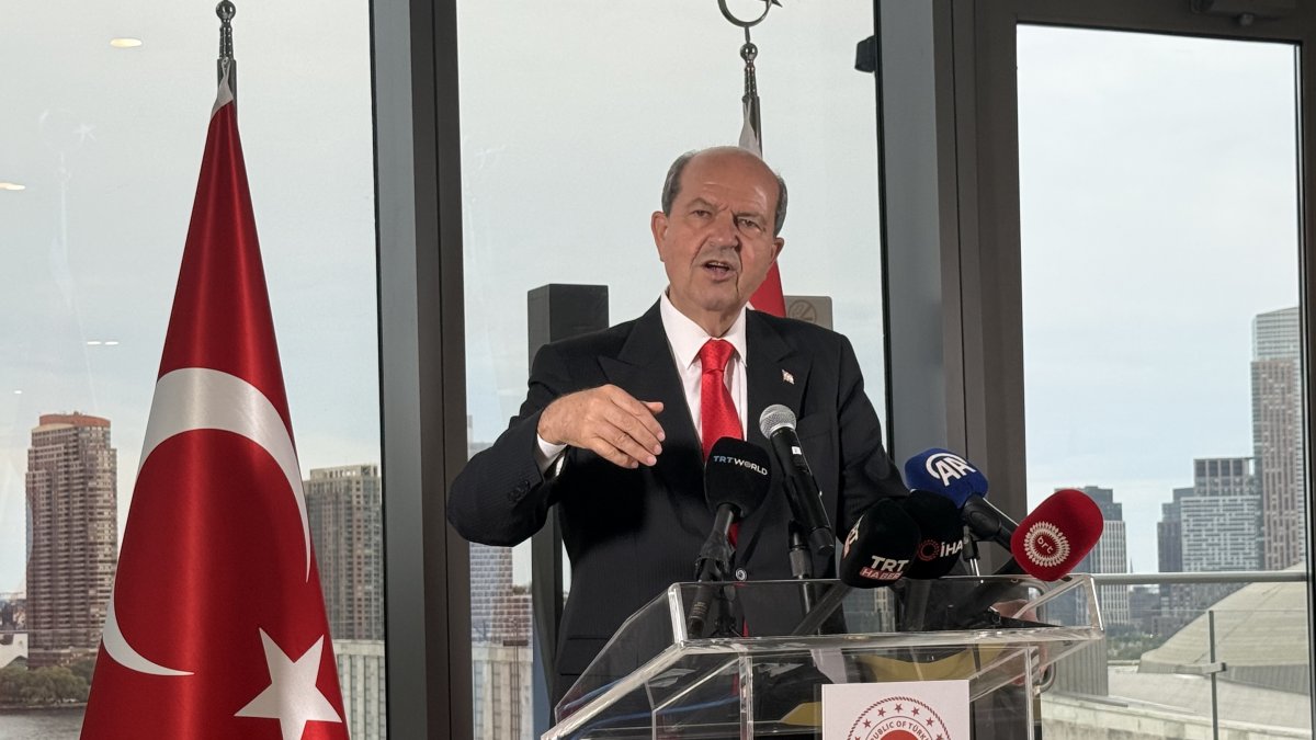 TRNC President Ersin Tatar speaks at a news conference, New York, U.S., Sept. 27, 2025. (IHA Photo)