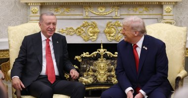 President Recep Tayyip Erdoğan (L) is seen with U.S. President Donald Trump at the Oval Office, the White House, Washington, U.S., Sept. 25, 2025. (İHA Photo)