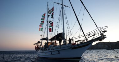 A sailing boat, part of the GSF, aiming to reach Gaza and break Israel&#039;s naval blockade, sails off Koufonisi islet, Greece, Sept. 26, 2025. (Reuters Photo)