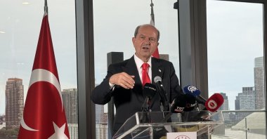 TRNC President Ersin Tatar speaks at a news conference, New York, U.S., Sept. 27, 2025. (IHA Photo)