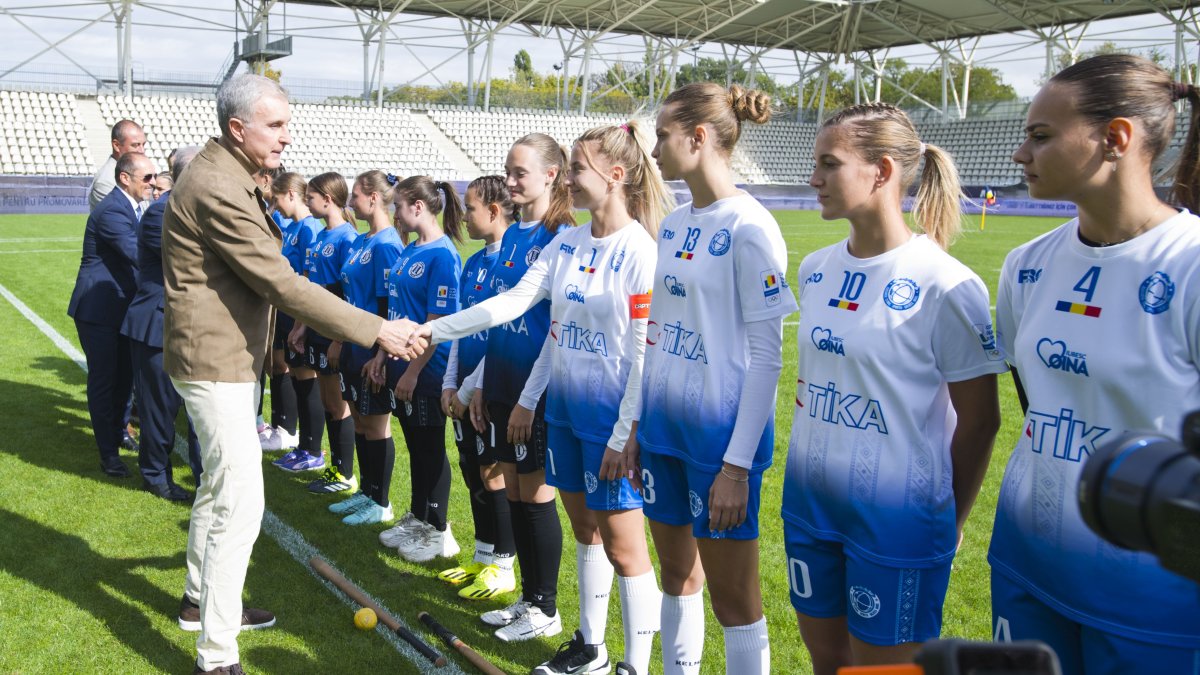 Athletes wearing TIKA-sponsored uniforms gather before the King’s and Queen’s Oina Cup matches, Bucharest, Romania, Sept. 29, 2025. (AA Photo)