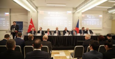 Trade Minister Ömer Bolat (4th L) and Czech Trade Minister Jozef Sikela (4th R) attend the Türkiye-Czechia Business Forum, Prague, Czechia, May 21, 2024. (AA Photo)