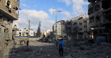 Leaflets that were dropped by Israeli forces, ordering residents of Gaza City to evacuate, fall in Gaza City, Palestine, Sept. 29, 2025. (Reuters Photo)