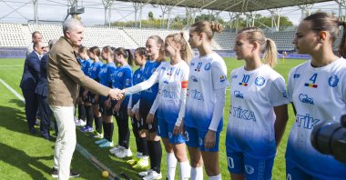 Athletes wearing TIKA-sponsored uniforms gather before the King’s and Queen’s Oina Cup matches, Bucharest, Romania, Sept. 29, 2025. (AA Photo)