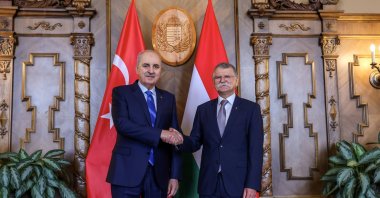 Hungarian Parliament Speaker Laszlo Kover (R) shakes hands with his Turkish counterpart, Numan Kurtulmuş, Budapest, Hungary, Sept. 29, 2025. (AA Photo)