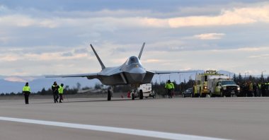 Türkiye&#039;s fifth-generation fighter jet Kaan is seen on a runway in Ankara, Türkiye, Dec. 26, 2023. (IHA Photo)