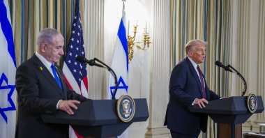 President Donald Trump and Israeli Prime Minister Benjamin Netanyahu participate in a joint press conference in the State Dining Room of the White House in Washington, D.C., Sept. 29, 2025. (EPA Photo)