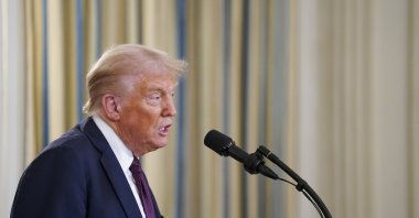 US President Donald Trump speaks at a joint press conference with Israeli Prime Minister Benjamin Netanyahu, in the State Dining Room of the White House in Washington, D.C. Sept. 29, 2025. (EPA Photo)
