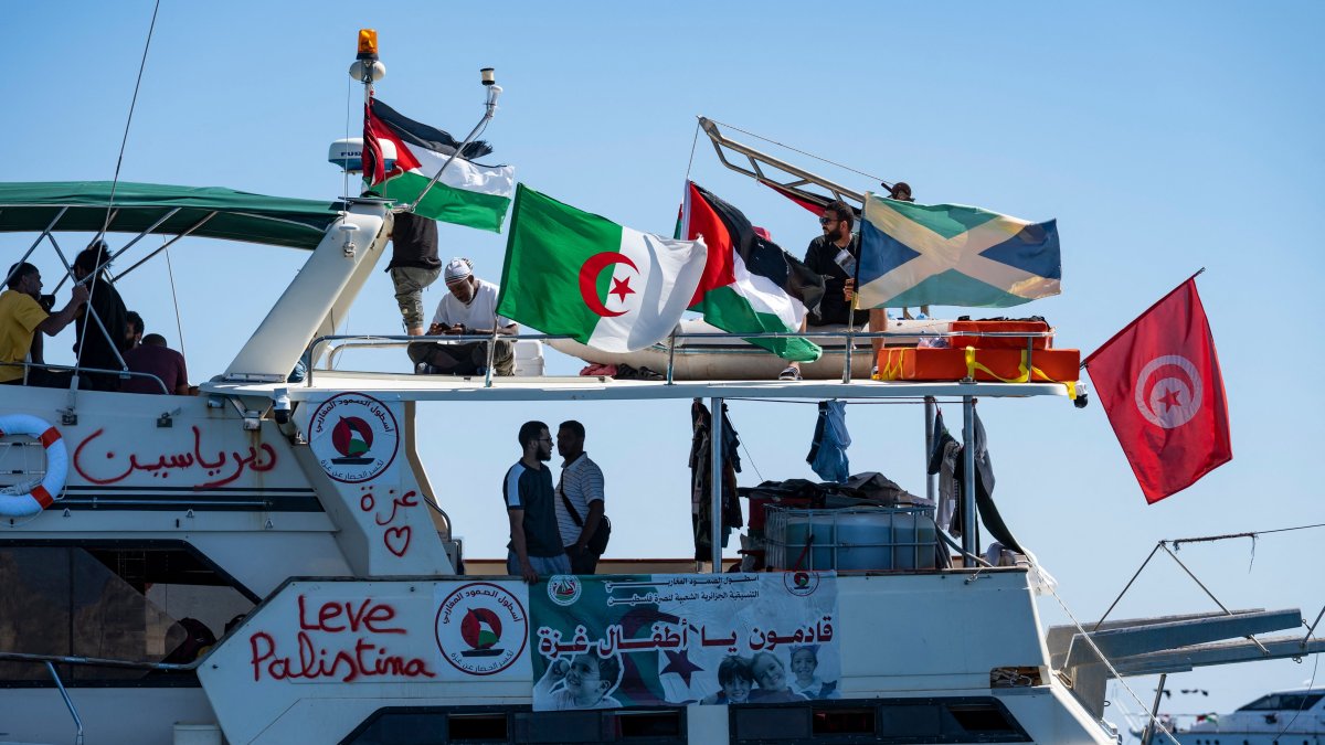 Members of the group of ships of the Global Sumud Flotilla to Gaza are seen moored at the small island of Koufonisi, south of the island of Crete, Sept. 26, 2025. (AFP Photo)