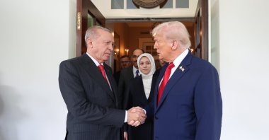 President Recep Tayyip Erdoğan (L) and U.S. President Donald Trump shake hands as they meet at the White House, Washington, U.S., Sept 25, 2025. (AA File Photo)