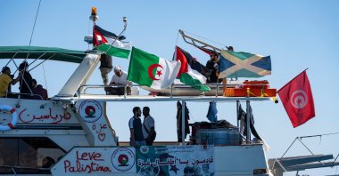 Members of the group of ships of the Global Sumud Flotilla to Gaza are seen moored at the small island of Koufonisi, south of the island of Crete, Sept. 26, 2025. (AFP Photo)