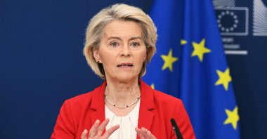 European Commission President Ursula von der Leyen addresses the audience during press statements ahead of a discussion on defence and security issues with the College of European Commissioners at the EU headquarters in Brussels, Belgium, Sept. 30, 2025. (AFP Photo)