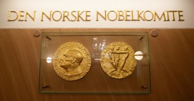 A sign for the Norwegian Nobel Institute is seen on a wall inside the institute&#039;s building in Oslo, Norway, Sept. 9, 2025. (Reuters Photo)